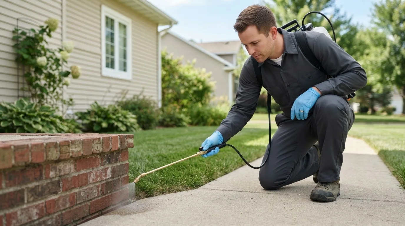 Pest control technician treating a home near Glennie, MI