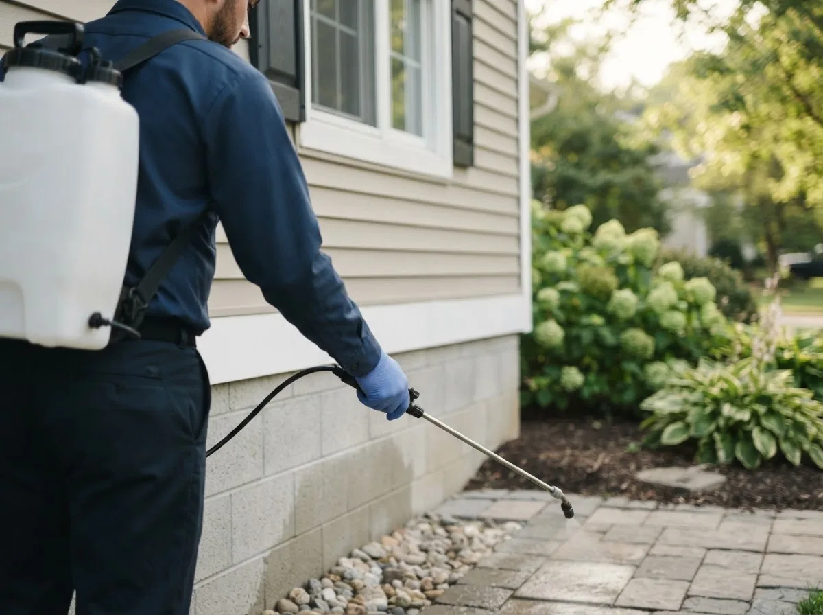 Pest control technician inspecting a home in Glennie, MI